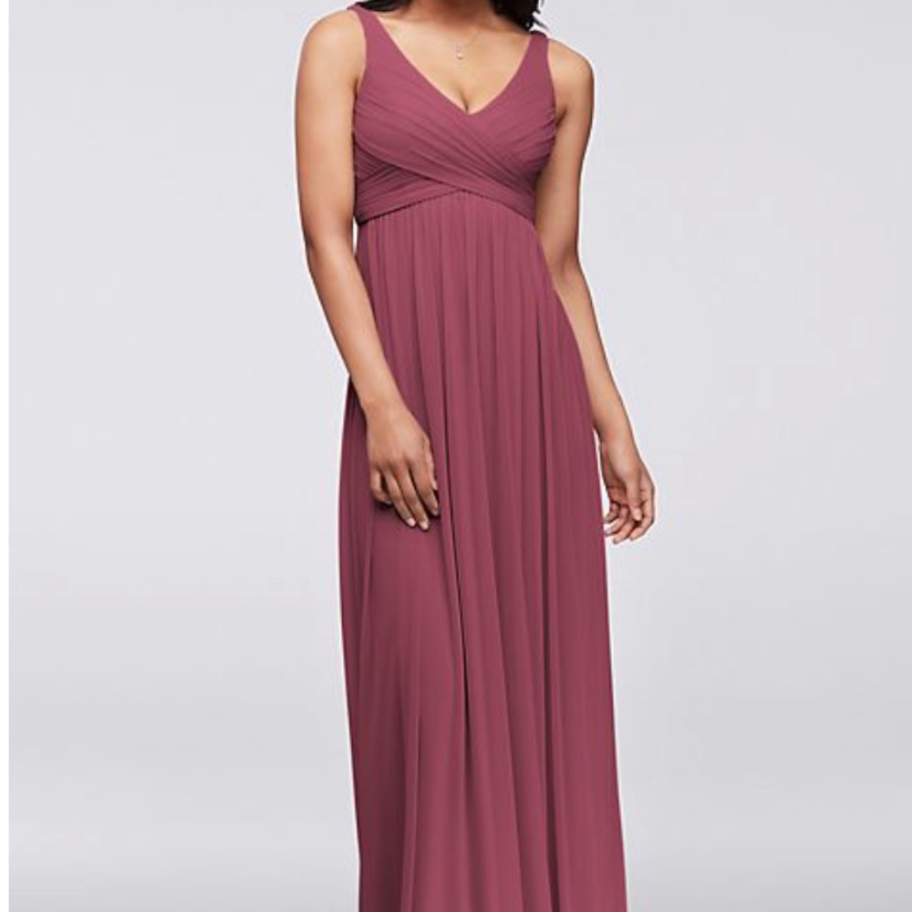 David’s Bridal Chianti long dress with mesh and swooping cowl back detail